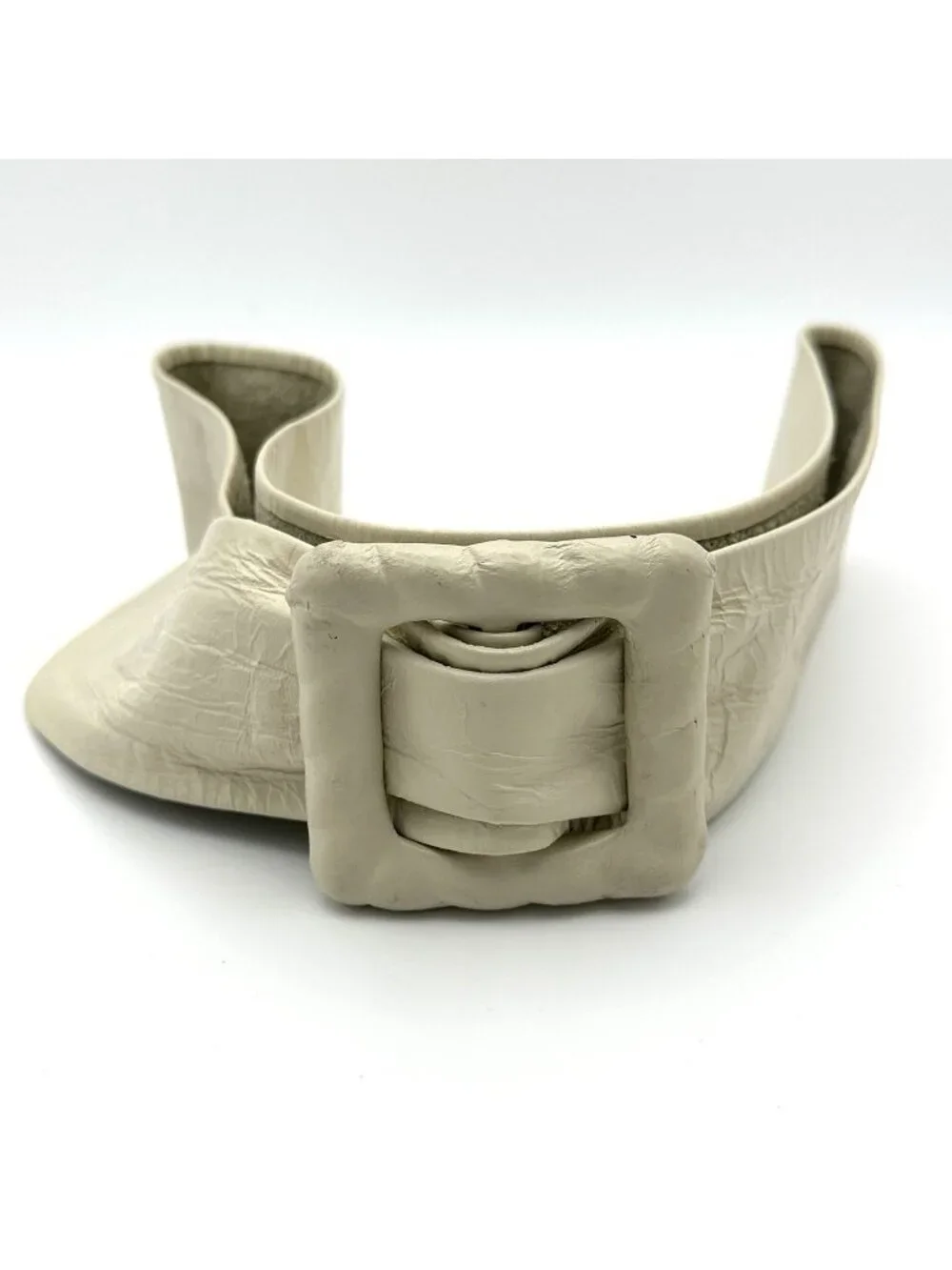 Vintage Leather Belt 30” Waist Off White Cream Large Square Buckle Retro 80s
